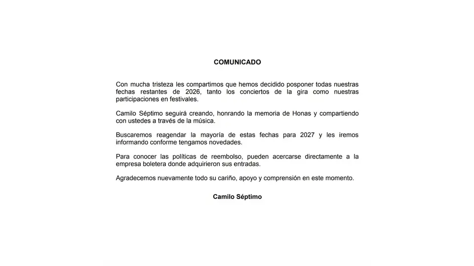 Camilo Séptimo anunció cambios en su agenda de conciertos y pidió a sus seguidores estar atentos a las nuevas fechas / Especial