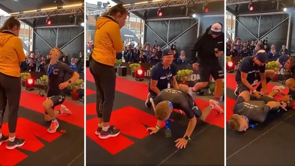 Triatleta español sufre calambre justo en el momento que se hincó para pedir matrimonio