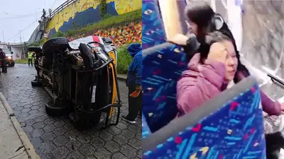 VIDEO: Chofer de combi vuelca y huye en Puebla; pasajeros quedan atrapados