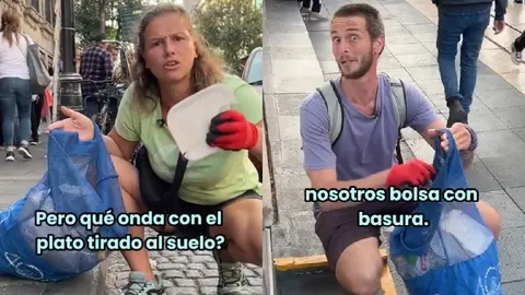¡Qué pena! Pareja checa pone el ejemplo y recoge basura del Centro Histórico CDMX