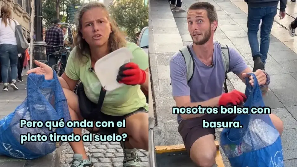 ¡Qué pena! Pareja checa pone el ejemplo y recoge basura del Centro Histórico CDMX