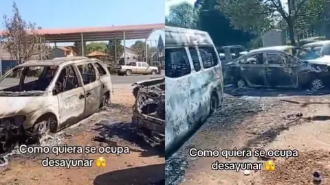 Justo frente al puesto ambulante, había varios autos incendiados por miembros del crimen organizado/X: @luz_adriana_gto