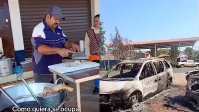 VIDEO: Taquero no deja de vender carnitas pese a autos incendiados por miembros del Mencho