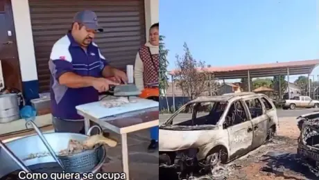 VIDEO: Taquero no deja de vender carnitas pese a autos incendiados por miembros del Mencho