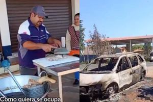 VIDEO: Taquero no deja de vender carnitas pese a autos incendiados por miembros del Mencho