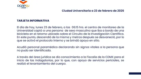 El centro de monitoreo de la UNAM detectó a un hombre que circulaba en bicicleta antes de desvanecerse./ X:@PCUNAM