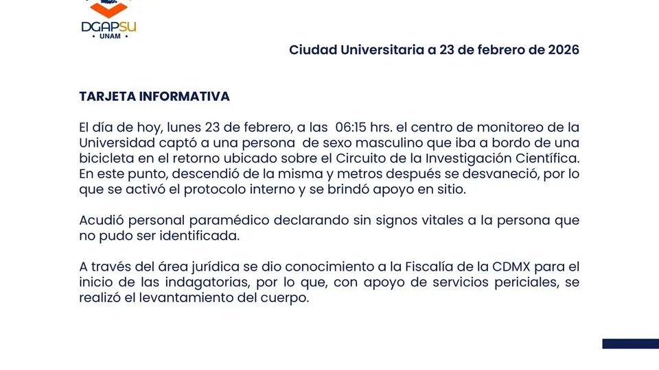 El centro de monitoreo de la UNAM detectó a un hombre que circulaba en bicicleta antes de desvanecerse./ X:@PCUNAM