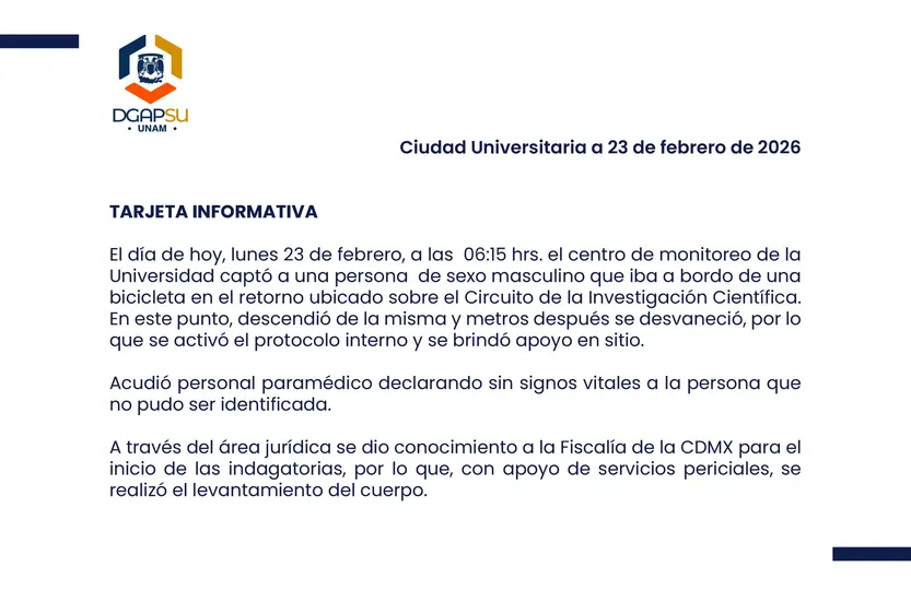 El centro de monitoreo de la UNAM detectó a un hombre que circulaba en bicicleta antes de desvanecerse./ X:@PCUNAM