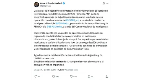 Fernando Farías Laguna fue detenido en Buenos Aires, Argentina, tras permanecer prófugo desde 2025./ X