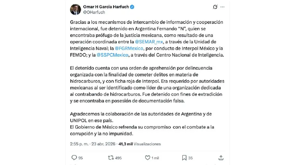 Fernando Farías Laguna fue detenido en Buenos Aires, Argentina, tras permanecer prófugo desde 2025./ X