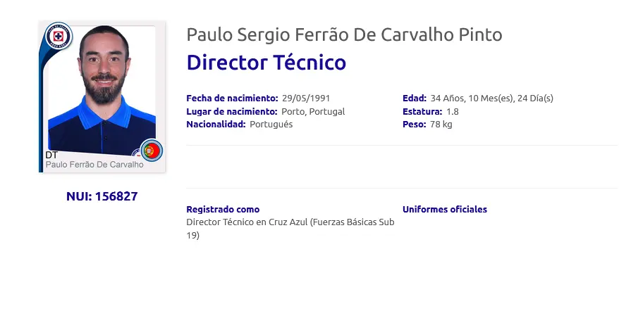 Registro de Sergio Pinto en Liga MX |