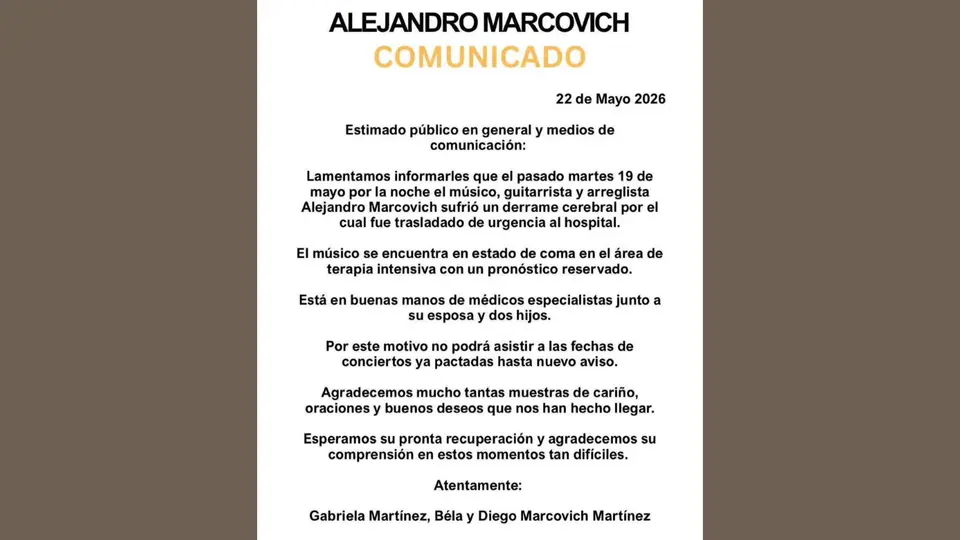 Comunicado de la familia sobre la salud de Alejandro Marcovich. / Cortesía
