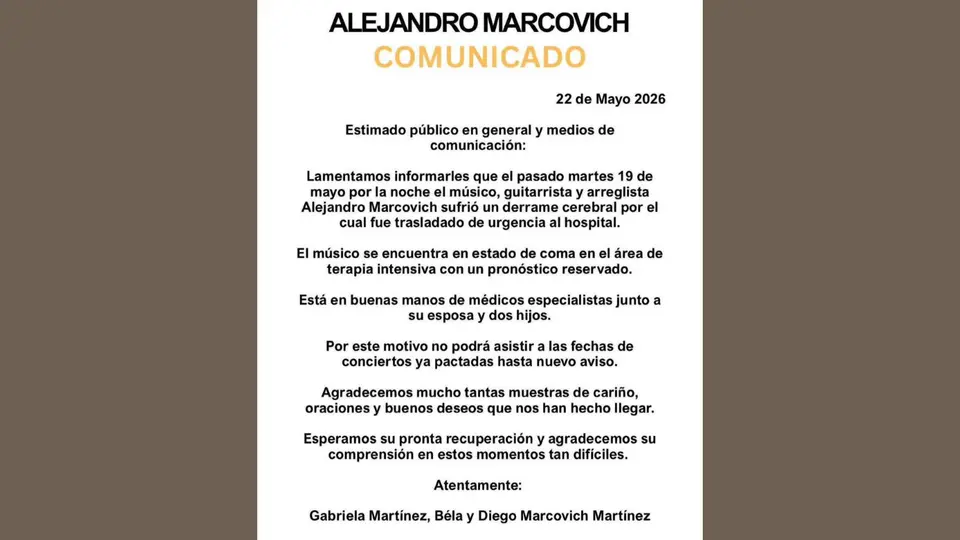 Comunicado de la familia sobre la salud de Alejandro Marcovich. / Cortesía