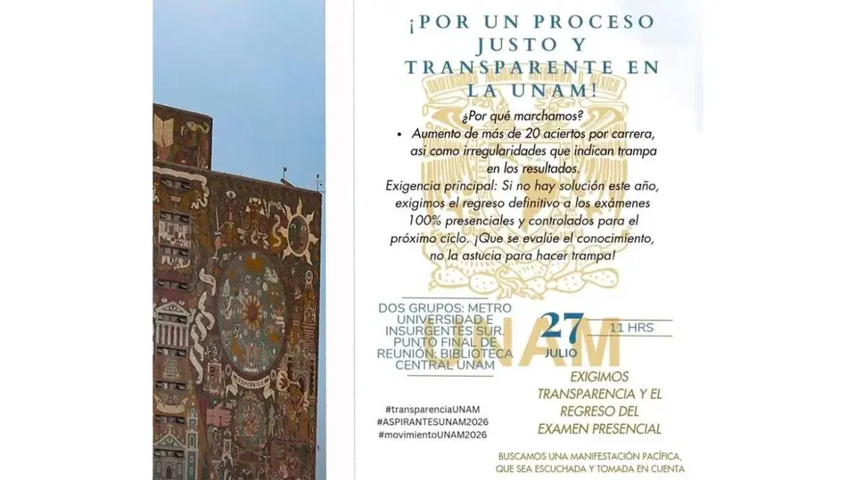 La marcha está programada para el 27 de julio y reunirá a aspirantes que cuestionan el primer examen de admisión a licenciatura aplicado completamente en línea por la UNAM./ RS