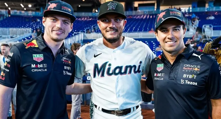 Video: Checo Pérez y Verstappen realizaron el primer lanzamiento del partido de los Marlins