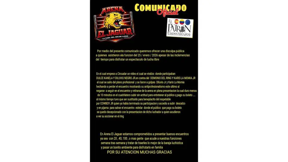 Comunicado oficial de la Arena el Jaguar | Captura de pantalla