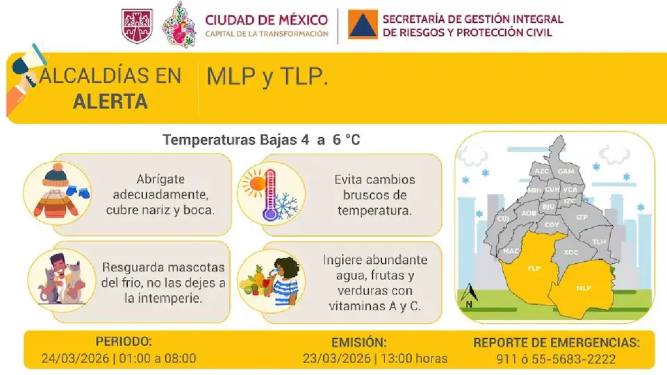 Autoridades activaron alerta amarilla por frío en zonas altas de la CDMX./ X: @SGIRPC_CDMX