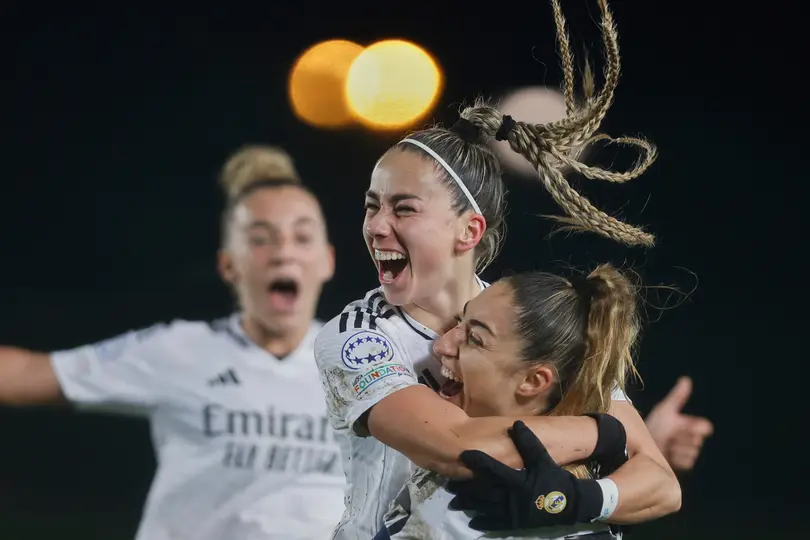 Athenea Castillo y Olga Carmona celebran con Real Madrid durante la Champions League de 2025 | AP