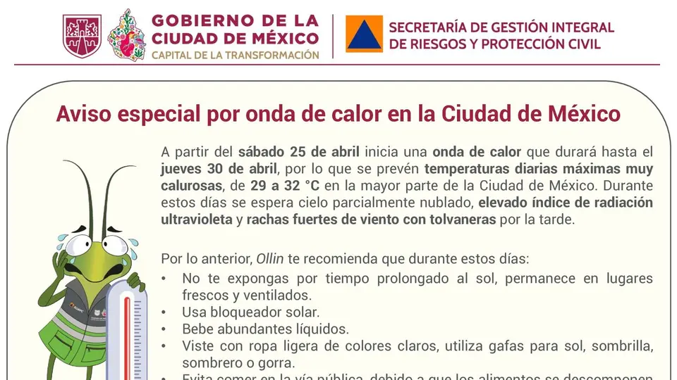 Se prevén temperaturas de hasta 32 grados Celsius en la capital./ X: @SGIRPC_CDMX