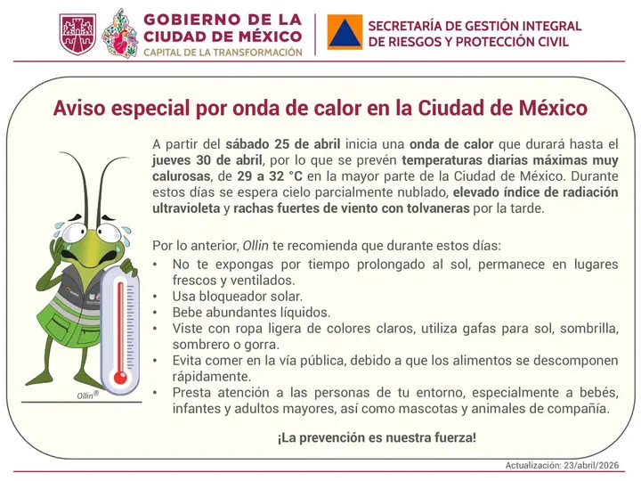Se prevén temperaturas de hasta 32 grados Celsius en la capital./ X: @SGIRPC_CDMX