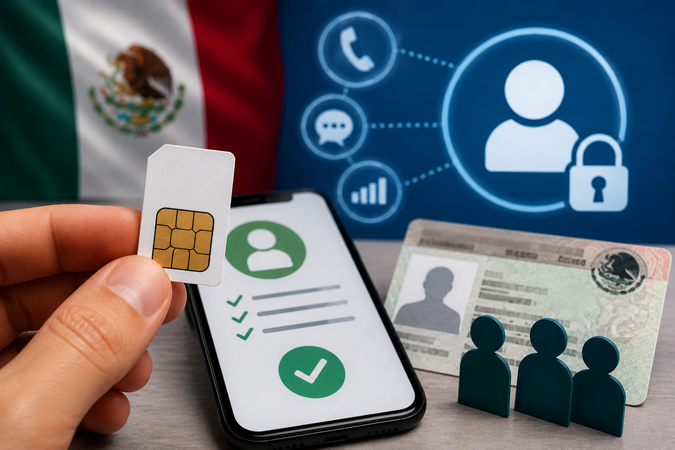 Person holding a SIM card in front of a Mexican flag background