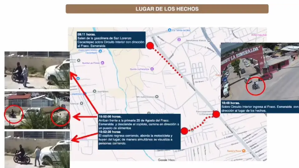 Las cámaras de videovigilancia captaron el momento en que uno de los agresores descendió de una motocicleta para acercarse a Alejandro Leyva y dispararle./ Fiscalía de Oaxaca