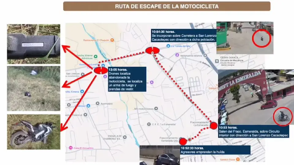 Según la investigación, los presuntos responsables llegaron al lugar del crimen en motocicleta y escaparon posteriormente en un Peugeot 2008 modelo 2026 sin placas./ Fiscalía de Oaxaca