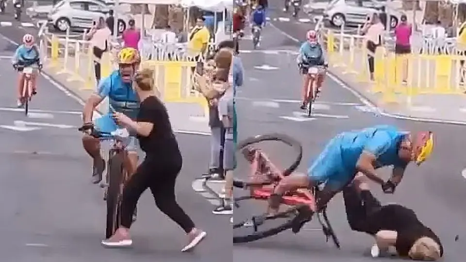 Video: Ciclista sufrió brutal choque con mujer que se atravesó a pocos metros de la meta