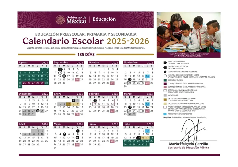 Estudiantes retomarán actividades el lunes siguiente, conforme al calendario escolar 2025-2026./ SEP