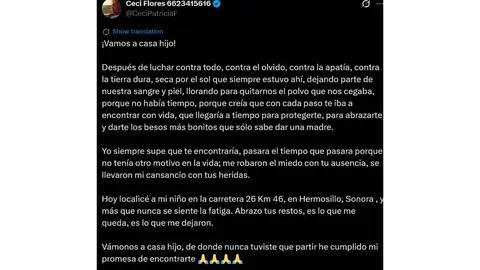 “Vámonos a casa, hijo”, escribió Ceci Flores tras localizar restos en la carretera 26, en Sonora. / @CeciPatriciaF