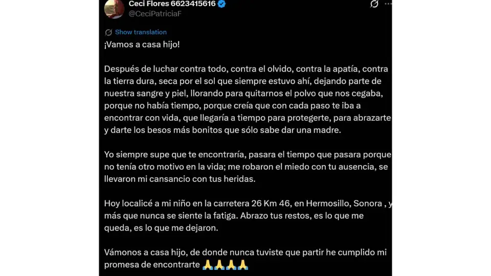 “Vámonos a casa, hijo”, escribió Ceci Flores tras localizar restos en la carretera 26, en Sonora. / @CeciPatriciaF