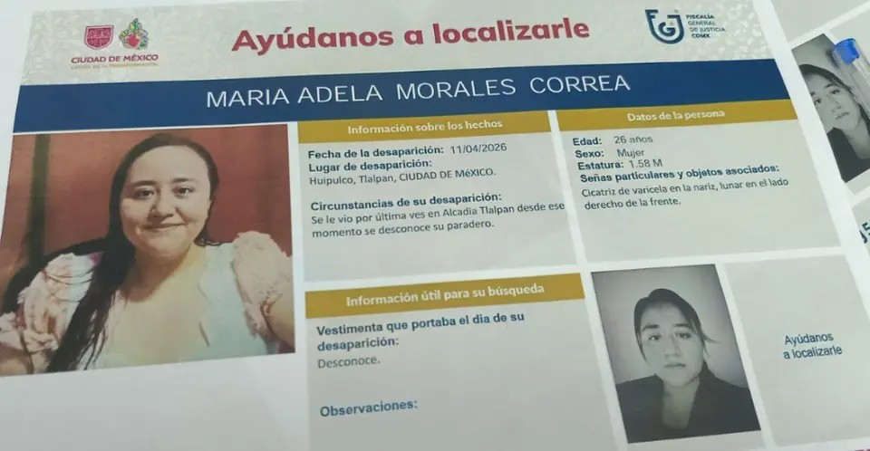 La joven fue reportada como desaparecida el 13 de abril de 2026. /  RS