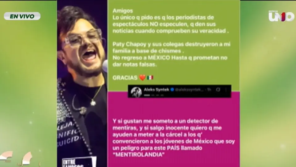 Por medio de las redes, Aleks Syntek acusó a Pati Chapoy de supuestamente destruir a su familia / Especial