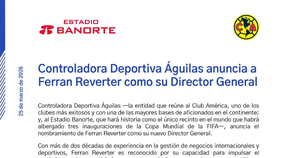 Controladora Deportiva Águilas anunció el movimiento en su directiva | X 
@EstadioBanorte