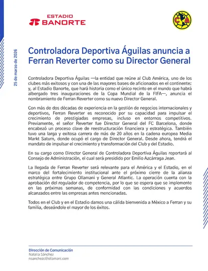 Controladora Deportiva Águilas anunció el movimiento en su directiva | X 
@EstadioBanorte