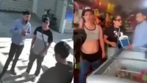 Cámaras de seguridad captaron el momento en que los sujetos señalados por extorsión ingresaron a un autolavado y amedrentaron a la propietaria./ rs