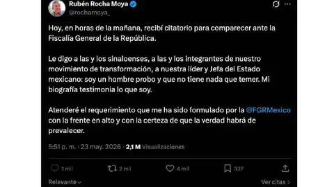Rocha Moya afirmó que mantiene confianza en las instituciones y el sistema judicial mexicano./ Captura de pantalla