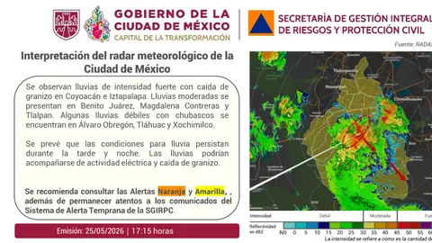 Las fuertes lluvias y la caída de granizo activaron alerta amarilla y naranja en distintas alcaldías de la CDMX./ X: @SGIRPC_CDMX
