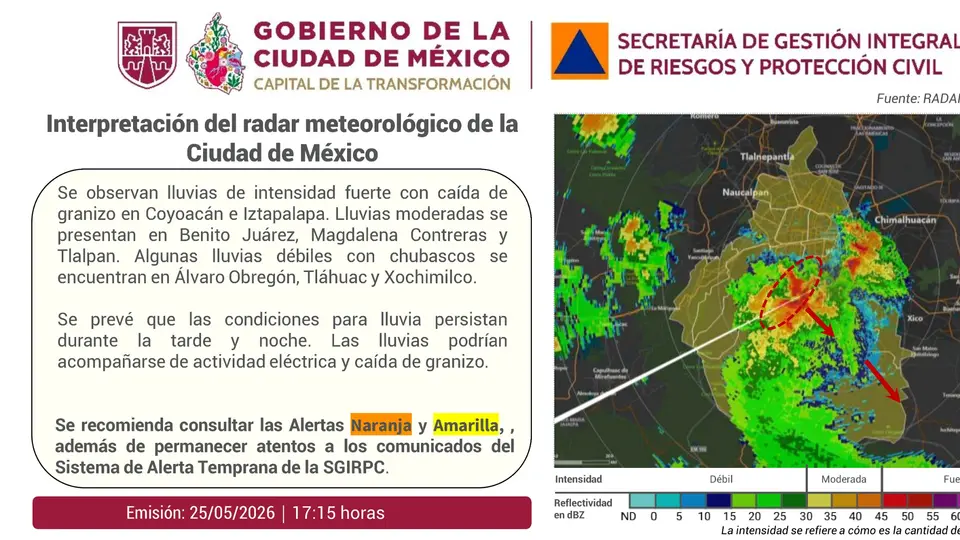 Las fuertes lluvias y la caída de granizo activaron alerta amarilla y naranja en distintas alcaldías de la CDMX./ X: @SGIRPC_CDMX