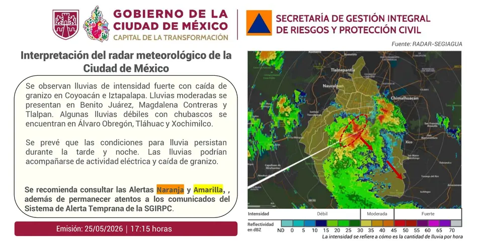 Las fuertes lluvias y la caída de granizo activaron alerta amarilla y naranja en distintas alcaldías de la CDMX./ X: @SGIRPC_CDMX