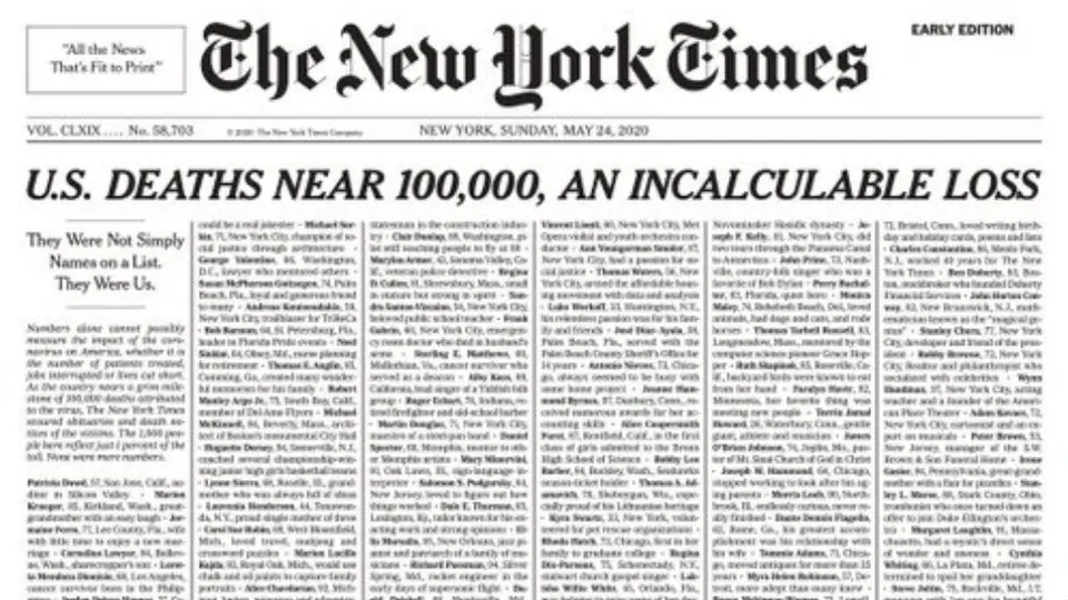 The New York Times dedicó portada a fallecidos por Coronavirus en Estados Unidos