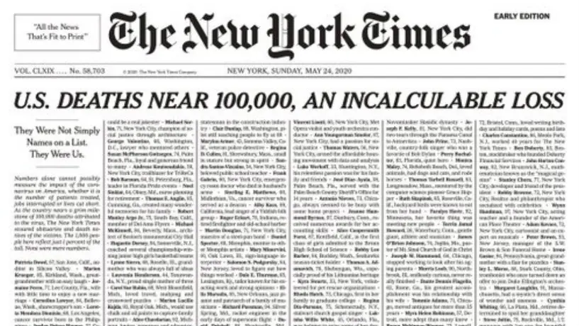 The New York Times dedicó portada a fallecidos por Coronavirus en Estados Unidos