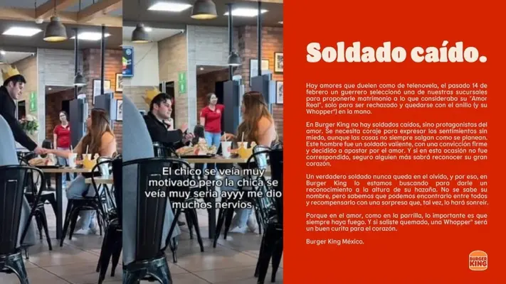 Burger King busca al “soldado caído” que fue rechazado tras pedirle matrimonio a su novia dentro del restaurante