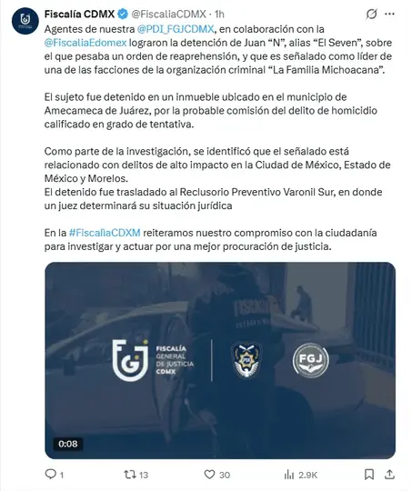 La captura de El Seven se realizó por agentes de la Policía de Investigación en un inmueble del Estado de México./ Fiscalía CDMX