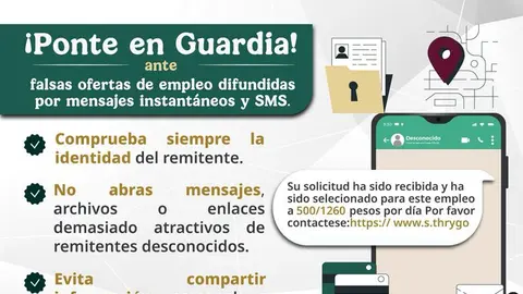 La Guardia Nacional alertó sobre fraudes cometidos mediante falsas ofertas de empleo que circulan a través de mensajes de WhatsApp./ Defensa