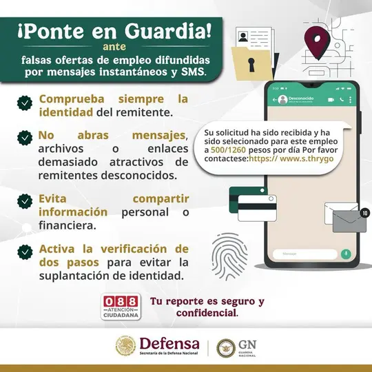 La Guardia Nacional alertó sobre fraudes cometidos mediante falsas ofertas de empleo que circulan a través de mensajes de WhatsApp./ Defensa