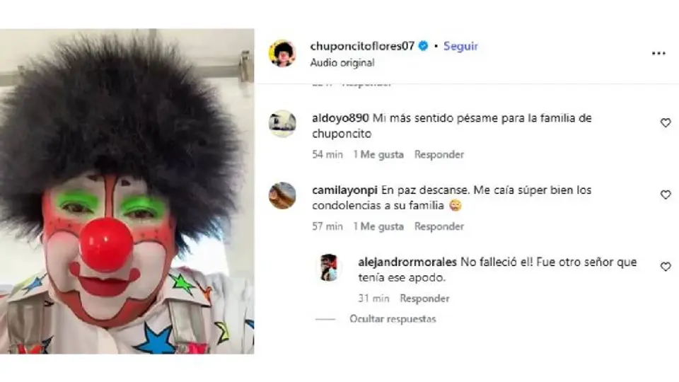 En sus redes sociales muchos fans de Chuponcito dudaron sobre la supuesta muerte del payaso/IG: @chuponcitoflores07