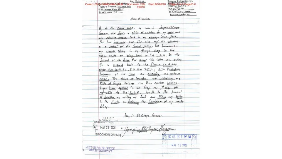 En el documento, ‘El Chapo’ asegura que busca un nuevo juicio y la revisión de su sentencia en Estados Unidos./ X: @arturoangel20
