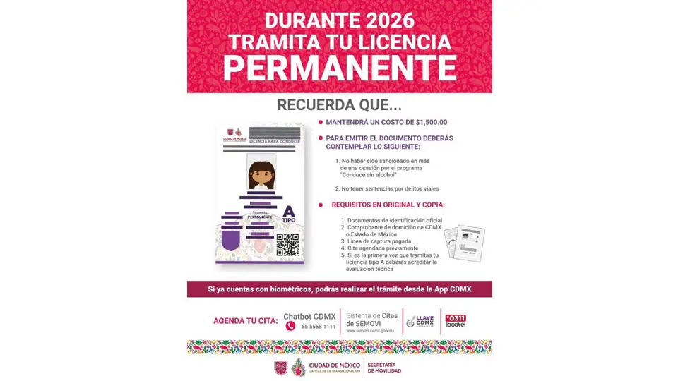 La licencia permanente mantendrá su vigencia para quienes ya la obtuvieron, aunque el registro para nuevos solicitantes concluirá al finalizar 2026./ X: @LaSEMOVI