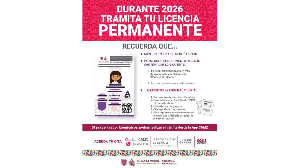 La licencia permanente mantendrá su vigencia para quienes ya la obtuvieron, aunque el registro para nuevos solicitantes concluirá al finalizar 2026./ X: @LaSEMOVI